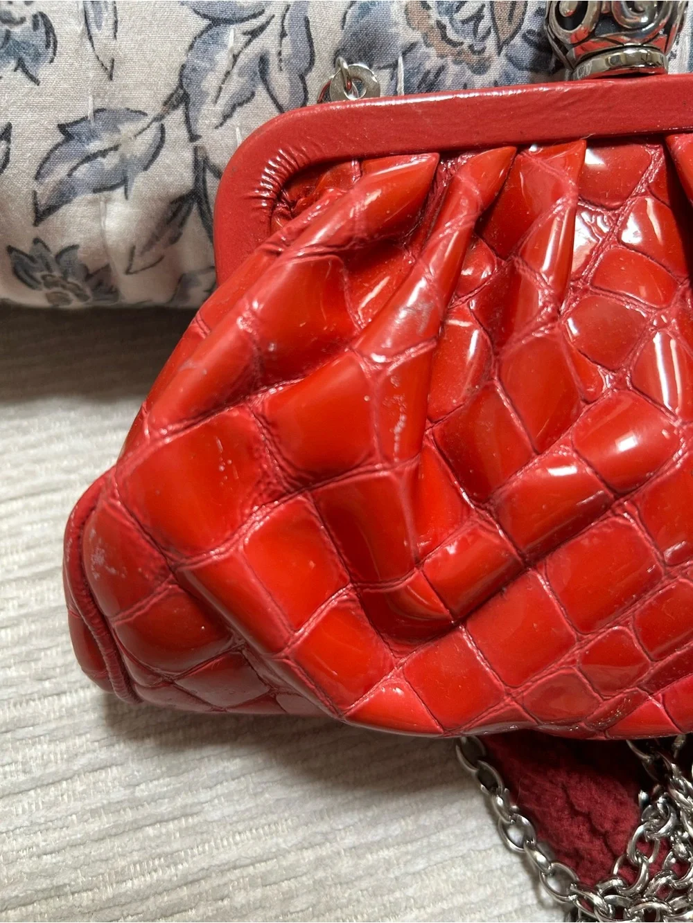 Brighton Red Patent Quilted Frame Clutch with Chain Strap
